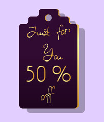 Label with discount golden letters and fifty per cent off text.