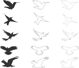 Cartoon collection of birds. Black silhouettes dashed line and outline seagulls. Isolated birds for coloring, elements for decorations, mobile games, applications