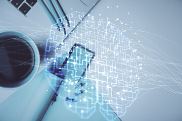 Multi exposure of brain sketch hologram over topview work table background with computer. Concept of big data.