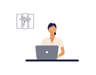 Fototapeta na wymiar Beautiful woman tutor work on laptop.Remote work, distance learning or online training during the virus epidemic.Lady trainer or coach conduct webinar or workshop.Vector colourful illustration