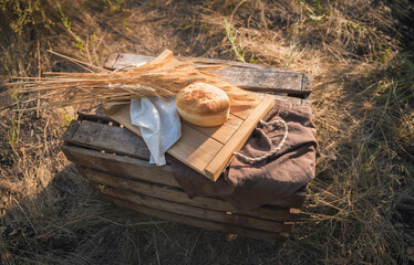 Bread, wheat, garlic and salt on a wooden box in natural conditions in nature. Still life in modern artistic processing. The concept of farm products, natural food, cooking with your own hands.