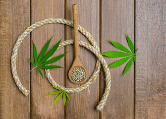 Green marijuana leaf, cannabis seeds, wooden spoon and hemp rope on wooden background. Alternative medicine. Vegetarian food concept. Natural product concept