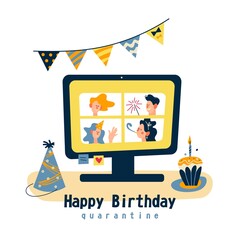 Happy birthday quarantine, online party. Self isolation, Quarantine Concept. Friends. Color illustration on white background.