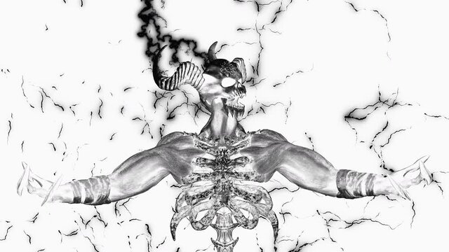 The Hell Creature VJ Loop is a motion graphics clip featuring horned demon with hands and finger movement. The creature features are a mix of demon and skeleton features. This video is perfect for VJ 