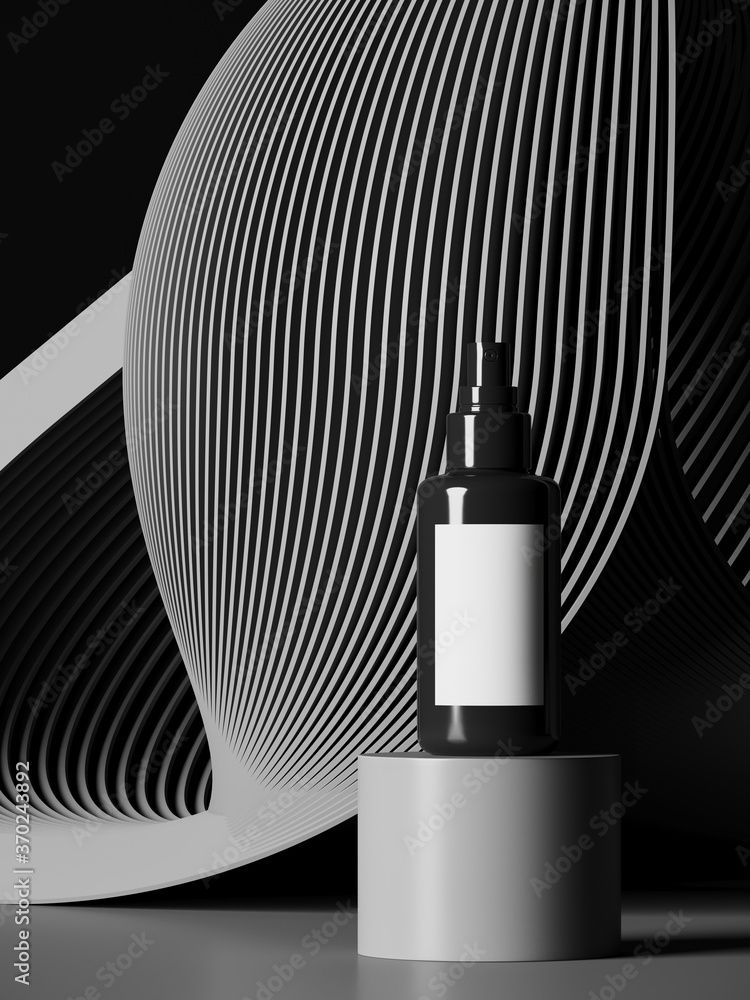 Poster minimal background for branding and product presentation. cosmetic bottle on subtle circular geometr