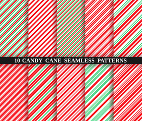 Candy cane stripe seamless pattern. Vector. Christmas candycane background. Set of ten red and green holiday textures. Wrapping paper. Peppermint caramel diagonal print. Classic winter illustration.