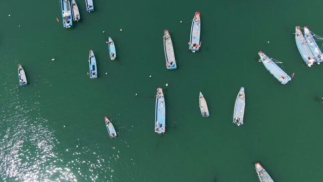 Aerial view of sea and boat around island. Drone shot footage 4k(UHD).