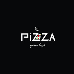 Pizzeria cafe logo, pizza icon, emblem for fast food restaurant. Simple flat line style pizza logo on white background