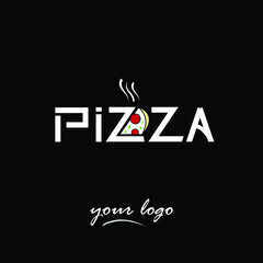 Pizzeria cafe logo, pizza icon, emblem for fast food restaurant. Simple flat line style pizza logo on black background