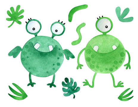 Set of two cute green monsters and decorative elements - leaves. Watercolor illustration isolated on white.