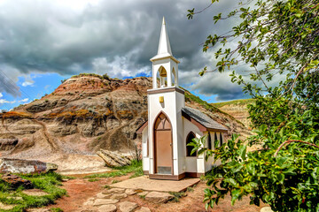 Highway side tiny church outside of Drumheller Alberta