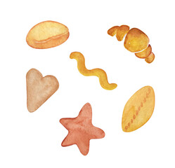 Set of baked goods - croissant, bun, cookie. Watercolor illustration isolated on white.