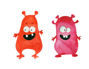 Two cute red monsters. Watercolor illustration isolated on white.