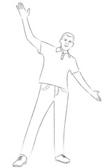 A man stands with his hands up, man in jeans and a t-shirt, cheerful guy