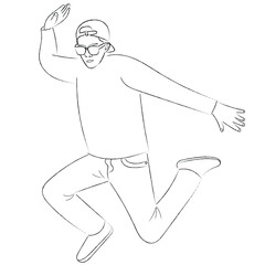 Sketch guy in a jump, a man in a baseball cap and sunglasses