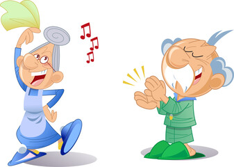 The vector illustration shows an elderly active couple in a cartoon style. Grandma dances and grandfather applauds her.