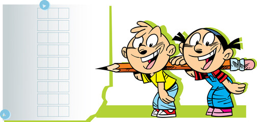Vector girl and boy school children solve a task. The illustration is made in a cartoon style.