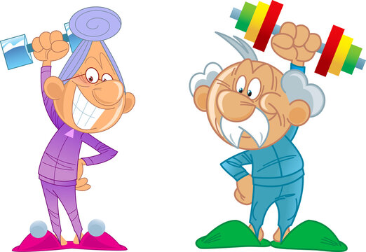 The vector illustration depicts an elderly active couple in a cartoon style. Grandparents go in for sports