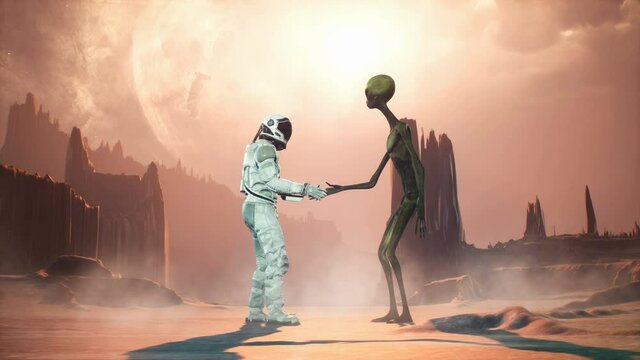 Meeting of an astronaut and an alien on a mysterious alien planet in a lost space. Animation for fantasy, sci-fi, or space backgrounds.