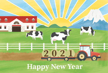 Naklejka premium 丑年 年賀状テンプレート 牧場の初日の出