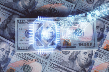 Double exposure of data theme drawing over us dollars bill background. Technology concept.