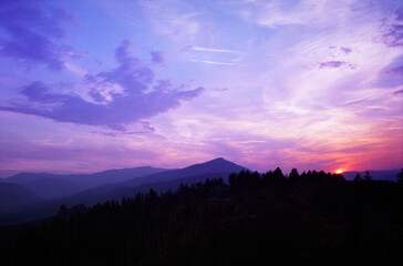 Panoramic view of the rocks at sunset near Belogradchik fortress in Bulgaria. Real grain scanned film.