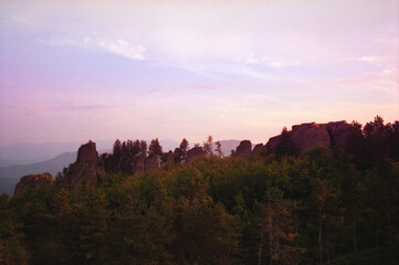 Panoramic view of the rocks at sunset near Belogradchik fortress in Bulgaria. Real grain scanned film.