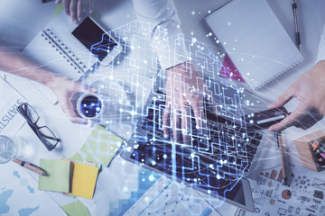 Double exposure of man's hands typing over computer keyboard and brain hologram drawing. Top view. Ai and data technology concept.