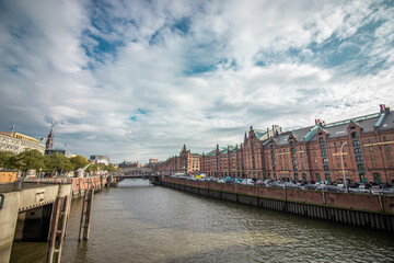 Historical warehouses on the Zollkanal canal in Speicherstadt district in Hamburg, Germany