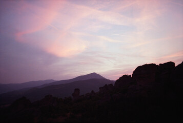 Panoramic view of the rocks at sunset near Belogradchik fortress in Bulgaria. Real grain scanned film.