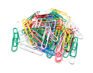 Bunch of colorful paper clips isolated on white background