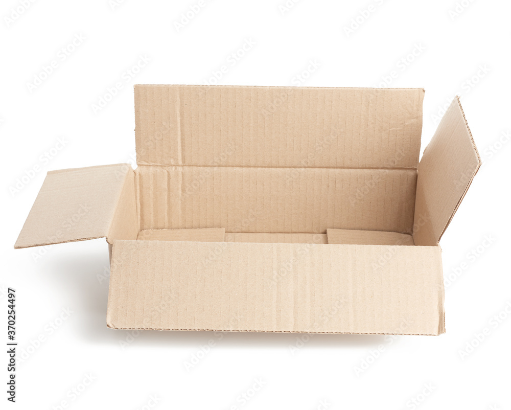 Poster open empty brown rectangular cardboard box for transporting goods