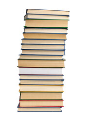 large stack of hardback books isolated on white background