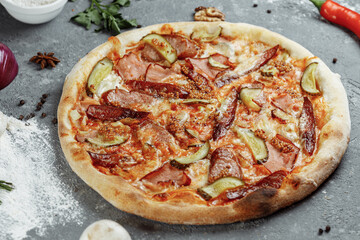 Sliced Pepperoni Pizza with salami, sausages and yogurt