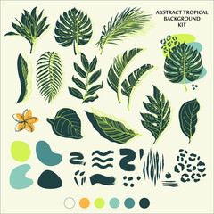 Abstract tropical background kit. Tropical leaf shapes and outlines, ink blot, animal pattern, bright color palette.