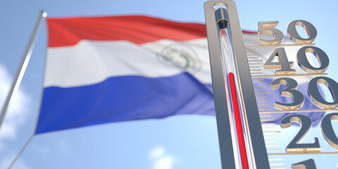 Thermometer shows high air temperature against blurred flag of Paraguay. Hot weather forecast related 3D rendering