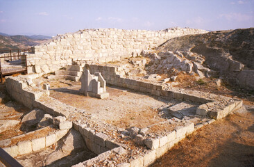 View of the ancient ruins of Perperikon in Bulgaria on a summer day at sunset. The real grain of...
