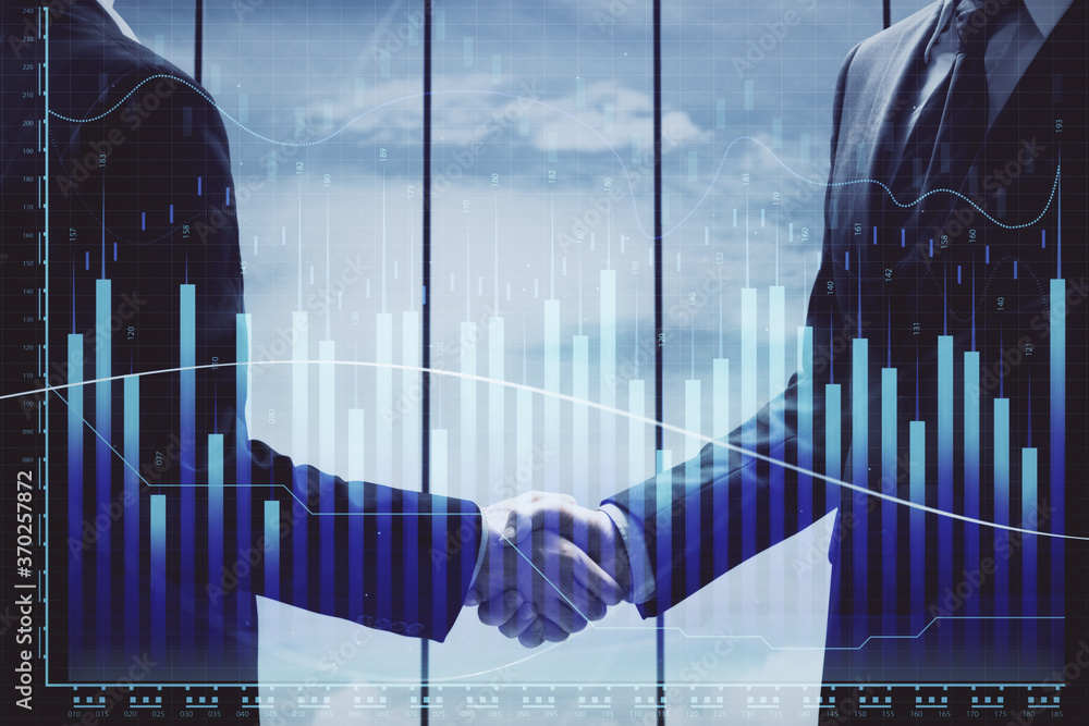 Wall mural Double exposure of forex graph hologram and handshake of two men. Stock market concept.