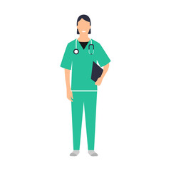 Fototapeta premium Doctora. Médico o enfermera. Personal de salud. Profesional. Hospital o clínica. Ilustración vectorial estilo plano