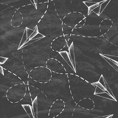 Abstract background with hand drawn planes and lines. Seamless pattern on the chalkboard. Chalk style vector illustration on the blackboard.