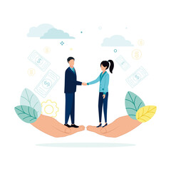 Finance. Vector illustration of financial intermediaries. A man and a woman stand on their palms and shake hands, against the background of banknotes, dollar coins, clouds, gear, leaves