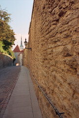 Panoramic view of the central streets of Tallinn on a summer morning in Estonia. Real grain scanned film.