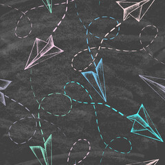 Fototapeta na wymiar Abstract background with hand drawn planes and lines. Seamless pattern on the chalkboard. Chalk style vector illustration on the blackboard.