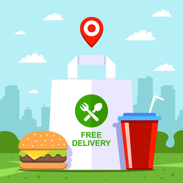 quick lunch in the park. delivery of fast food from a cafe. flat vector illustration.
