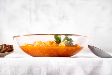 Close up of delicious and healthy vegan lentil soup captured from low angle view