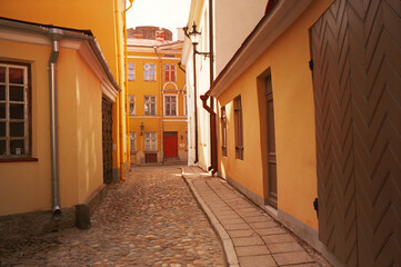 Panoramic view of the central streets of Tallinn on a summer morning in Estonia. Real grain scanned film.
