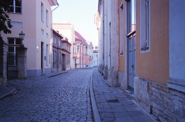 Panoramic view of the central streets of Tallinn on a summer morning in Estonia. Real grain scanned film.