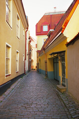 Panoramic view of the central streets of Tallinn on a summer morning in Estonia. Real grain scanned film.