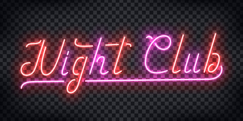 Vector realistic isolated neon sign of Night Club typography logo for party invitation template decoration and layout on the transparent background. Concept of disco and nightlife.
