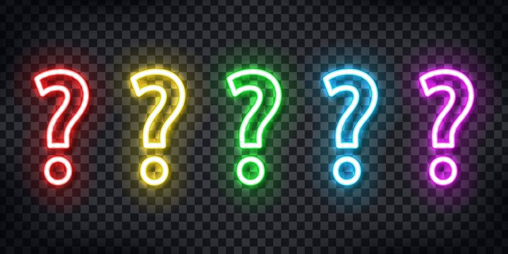Vector set of realistic isolated neon sign of Question logo for template decoration and layout covering on the transparent background. Concept of quiz and FAQ.
